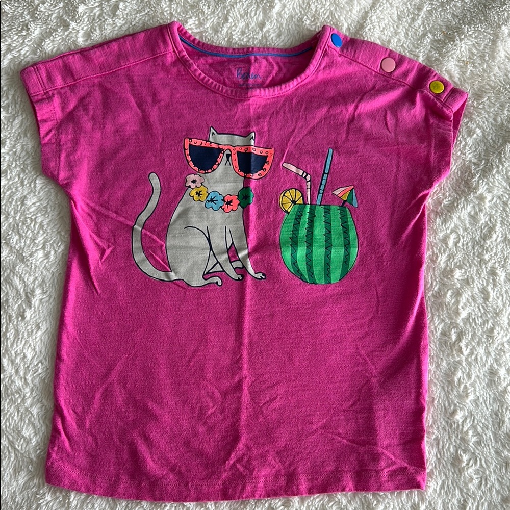 Mini Boden girls size 8-9 tropical cat print pink short sleeve shirt summer cute
